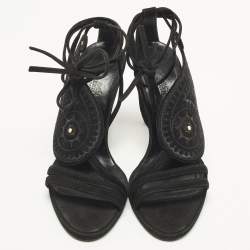 Pre Owned Hermes Size 38.5 Black Embroidered Paisley Suede Ankle Tie Sandals