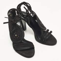 Pre Owned Hermes Size 38.5 Black Embroidered Paisley Suede Ankle Tie Sandals