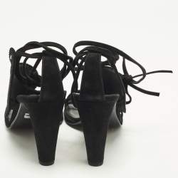 Pre Owned Hermes Size 38.5 Black Embroidered Paisley Suede Ankle Tie Sandals