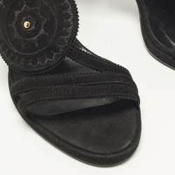 Pre Owned Hermes Size 38.5 Black Embroidered Paisley Suede Ankle Tie Sandals