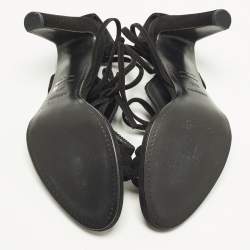 Pre Owned Hermes Size 38.5 Black Embroidered Paisley Suede Ankle Tie Sandals