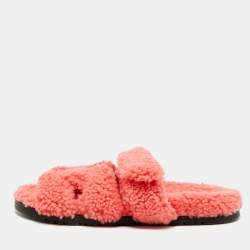 Pre Owned صندل هي Hermes شيرلينج فرو برتقالي كيبري مسطح مقاس 39