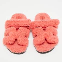 Pre Owned Hermes Chypre Size 39.5 Red Shearling Fur Flat Sandals