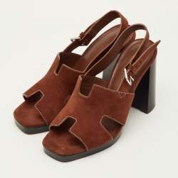 Pre Owned Hermes Eris Size 37.5 Brown Suede Slingback Sandals