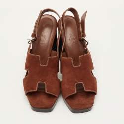 Pre Owned Hermes Eris Size 37.5 Brown Suede Slingback Sandals