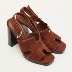 Pre Owned Hermes Eris Size 37.5 Brown Suede Slingback Sandals