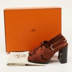 Pre Owned Hermes Eris Size 37.5 Brown Suede Slingback Sandals