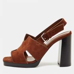 Pre Owned Hermes Eris Size 37.5 Brown Suede Slingback Sandals