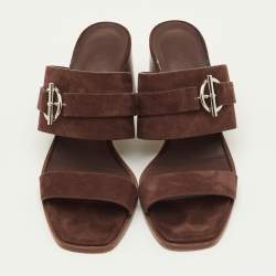 Pre Owned Hermes Kute Size 39.5 Brown Suede Block Heel Slide Sandals