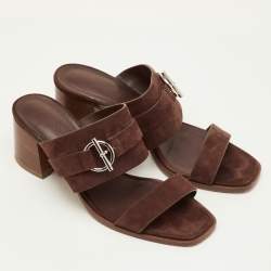 Pre Owned Hermes Kute Size 39.5 Brown Suede Block Heel Slide Sandals
