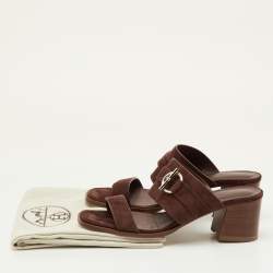 Pre Owned Hermes Kute Size 39.5 Brown Suede Block Heel Slide Sandals