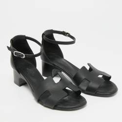 Pre Owned Hermes Encens Size 36 Black Leather Ankle Strap Sandals