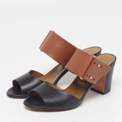 Pre Owned Hermes Size 36 Brown/Black Leather Slide Sandals