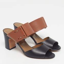 Pre Owned Hermes Size 36 Brown/Black Leather Slide Sandals