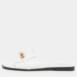 Pre Owned Hermes Giulia Size 41 White Leather Flat Slides
