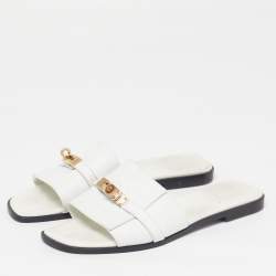 Pre Owned Hermes Giulia Size 41 White Leather Flat Slides