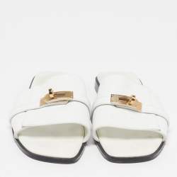 Pre Owned Hermes Giulia Size 41 White Leather Flat Slides