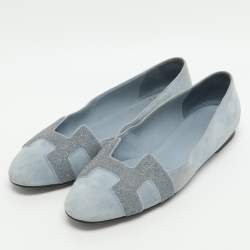 مملوكة مسبقًا Hermes Nice Size 37.5 Light Blue Crystals and Suede Ballet Flats