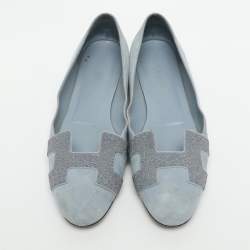 مملوكة مسبقًا Hermes Nice Size 37.5 Light Blue Crystals and Suede Ballet Flats