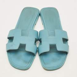 Pre Owned Hermes Oran Size 39.5 Blue Leather Flat Slides 