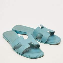Pre Owned Hermes Oran Size 39.5 Blue Leather Flat Slides 
