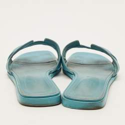 Pre Owned Hermes Oran Size 39.5 Blue Leather Flat Slides 