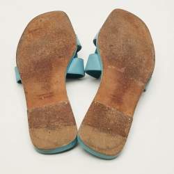 Pre Owned Hermes Oran Size 39.5 Blue Leather Flat Slides 