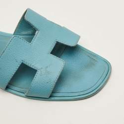 Pre Owned Hermes Oran Size 39.5 Blue Leather Flat Slides 