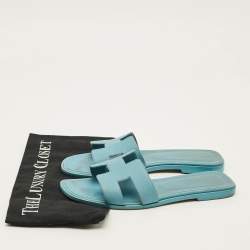 Pre Owned Hermes Oran Size 39.5 Blue Leather Flat Slides 