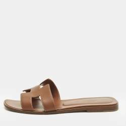 Pre Owned Hermes Oran Size 40 Brown Leather Flat Slide