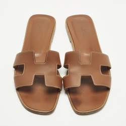 Pre Owned Hermes Oran Size 40 Brown Leather Flat Slide