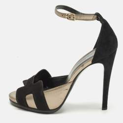 Pre Owned Hermes Premiere 70 Size 39 Black/Gold Leather and Suede Ankle Strap Sandals