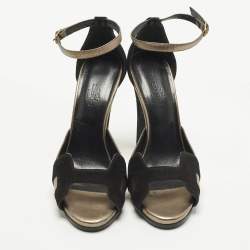 Pre Owned Hermes Premiere 70 Size 39 Black/Gold Leather and Suede Ankle Strap Sandals