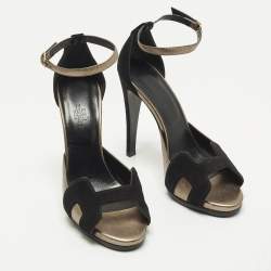 Pre Owned Hermes Premiere 70 Size 39 Black/Gold Leather and Suede Ankle Strap Sandals