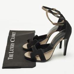 Pre Owned Hermes Premiere 70 Size 39 Black/Gold Leather and Suede Ankle Strap Sandals