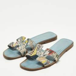 Pre Owned Hermes Oran Size 38.5 Multicolor Print Canvas Flat Slip