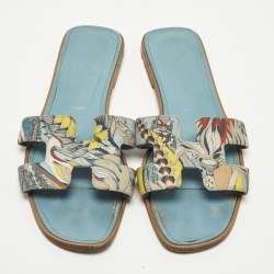 Pre Owned Hermes Oran Size 38.5 Multicolor Print Canvas Flat Slip
