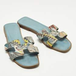 Pre Owned Hermes Oran Size 38.5 Multicolor Print Canvas Flat Slip