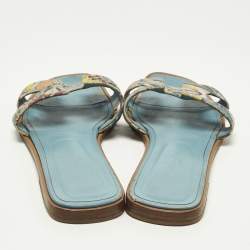 Pre Owned Hermes Oran Size 38.5 Multicolor Print Canvas Flat Slip