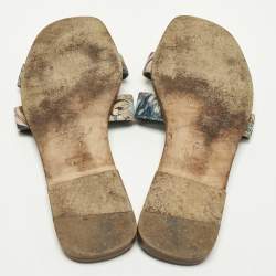 Pre Owned Hermes Oran Size 38.5 Multicolor Print Canvas Flat Slip