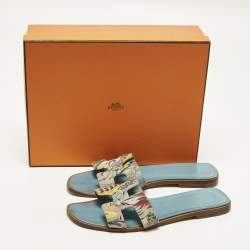 Pre Owned Hermes Oran Size 38.5 Multicolor Print Canvas Flat Slip