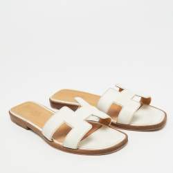 Pre Owned Hermès Oran Size 36 White Leather Flat Slides