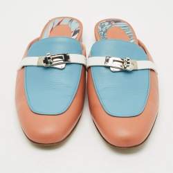 Pre Owned Hermes Oz Size 39 Tricolor Leather Flat Mules