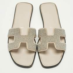 Pre Owned صندل سلايد هيرمس أوران غليتر فضي/ رمادي مقاس 38.5