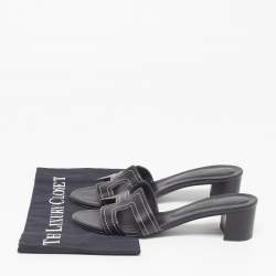 مملوكة مسبقًا صندل هيرمس أواسيس جلد أسود مرصع كعب مربع سميك مقاس 40