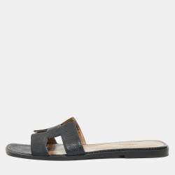 مملوكة مسبقًا Hermes Oran Size 40 Navy Blue Lizard Leather Flat Sandals
