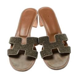 Pre Owned Hermes Gold Glitter Leather Oasis Slide Sandals Size 37