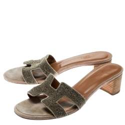 Pre Owned Hermes Gold Glitter Leather Oasis Slide Sandals Size 37