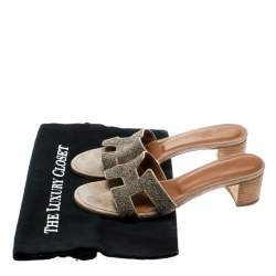 Pre Owned Hermes Gold Glitter Leather Oasis Slide Sandals Size 37