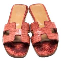 Hermes Pink Croc Leather Oran Flat Sandals Size 37